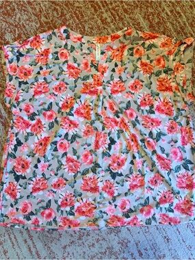 Scarlett Floral Split-Neck Top — Pink, Coral & Green